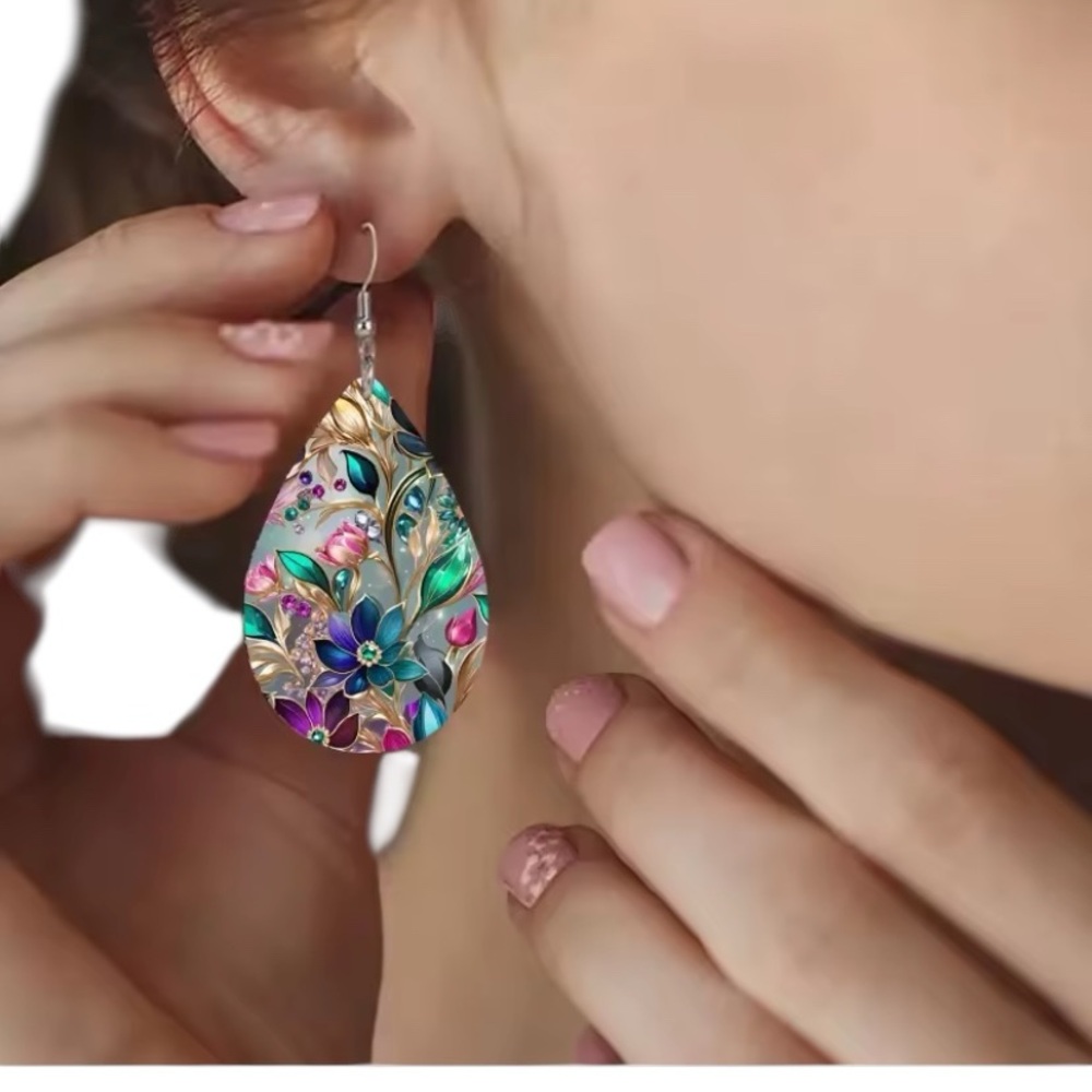 Floral Teardrop Gemstone Earrings with Multicolor Design - Picture 2 of 4